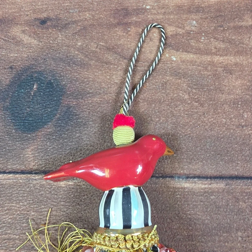 MacKenzie-Childs Cardinal Bird Tassel Ornament Red OS Good Striped Whimsical